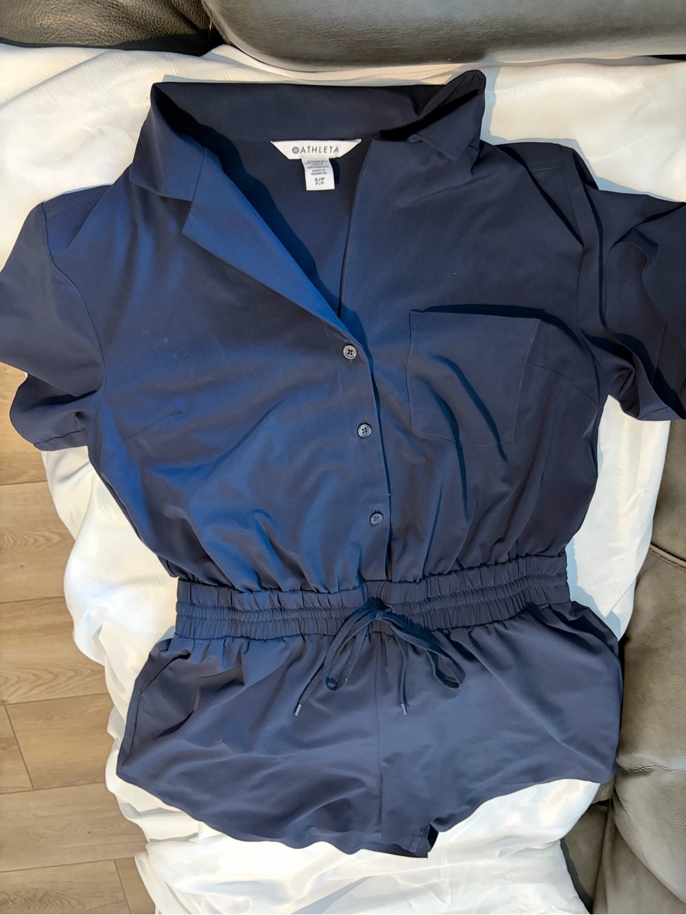 Athleta Navy Short-Sleeve Drawstring Romper